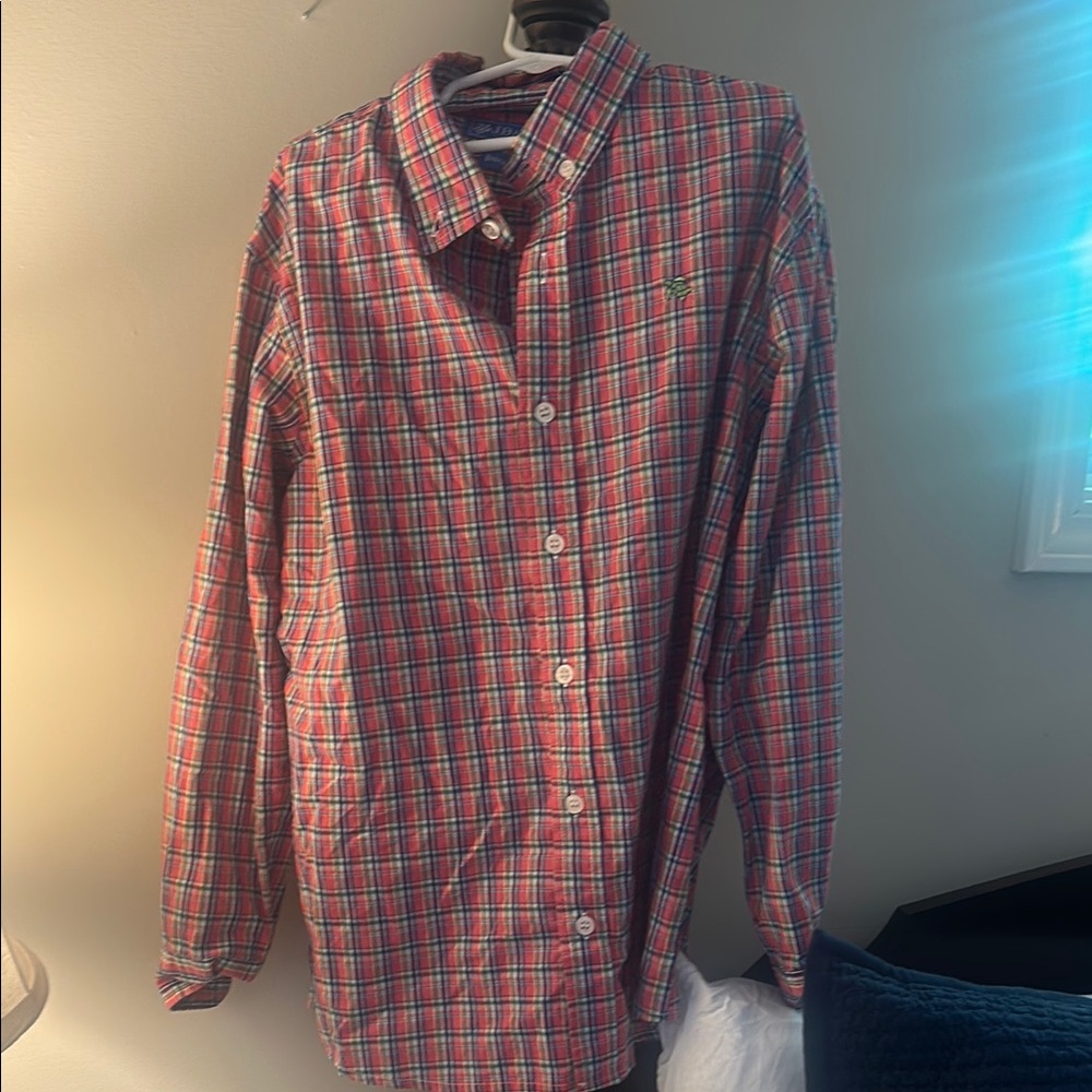 Coral and White Plaid Button Down Shirt